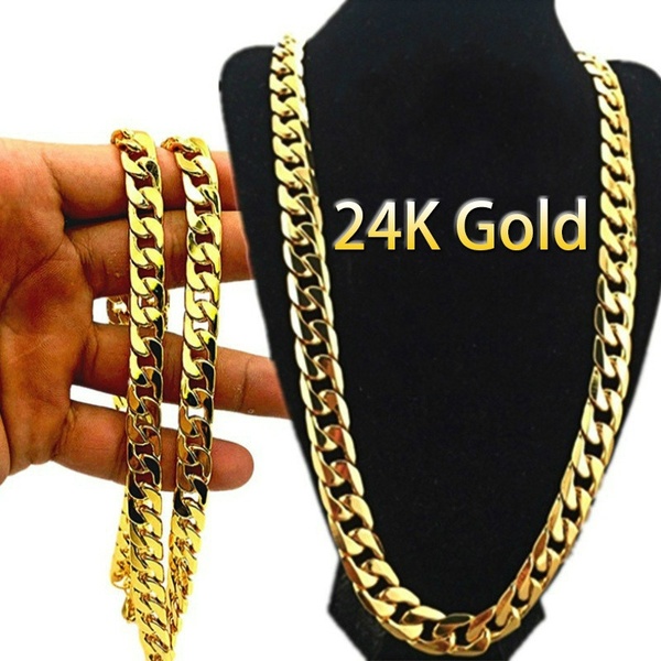 24k Gold Long Chain Necklace Men Jewelry Brand Gothic Gold Color .