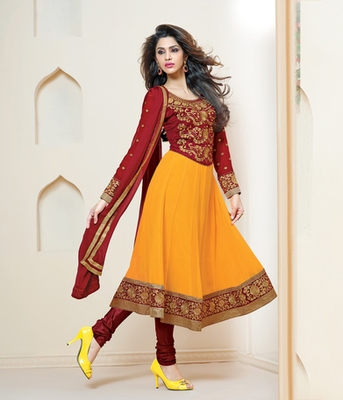 Delightful Maroon and Yellow Anarkali Salwar Suit - Mirchi Fashion .