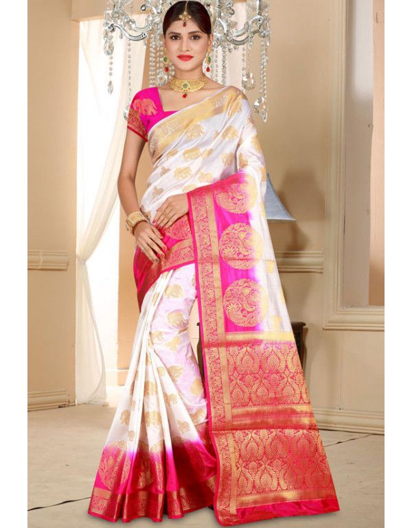 White and Hot Pink Art Silk Saree | Saree, Designer silk sarees .