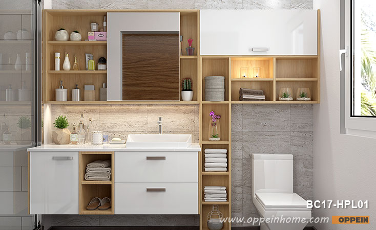 White and Wood Grain Bathroom Mirrored Medicine Cabinet BC17-HPL01 .