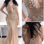 Gold Heavy Beaded Mermaid Prom Dress,Charming Beaded Evening Dress .