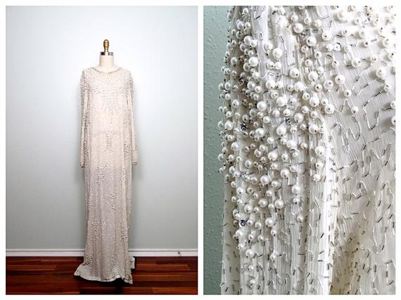 Vintage Pearl Beaded Wedding Dress / Ivory Silk Glass Beaded | Et