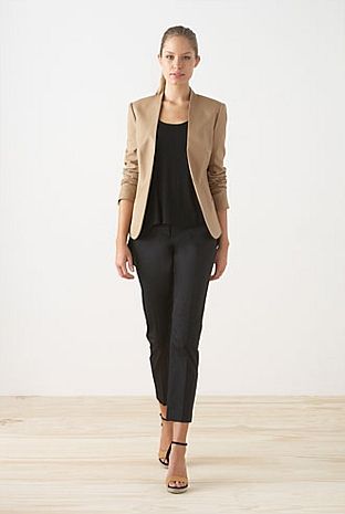 simple outfit: beige blazer with beige sandals, black blouse and .