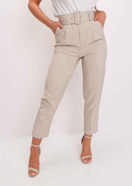 High Waisted Belted Trousers Beige | Lily Lulu Fashi