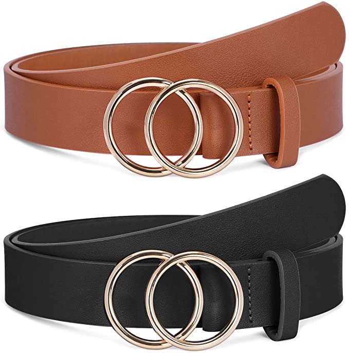 2 Pack Women Leather Belts Faux Leather Jeans Belt with Double O .