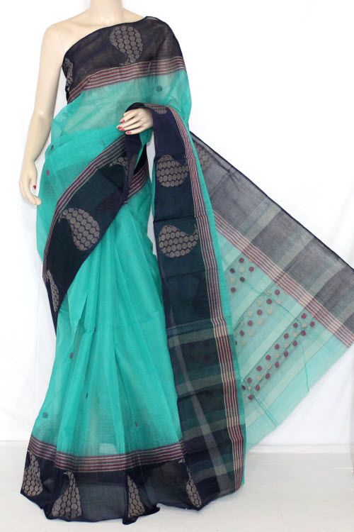 Green Black Handwoven Bengali Tant Cotton Saree (Without Blouse .