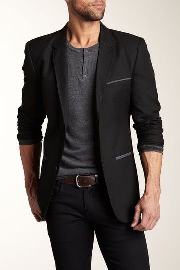 Black blazer w/ charcoal accessories, grey half-button collarless .