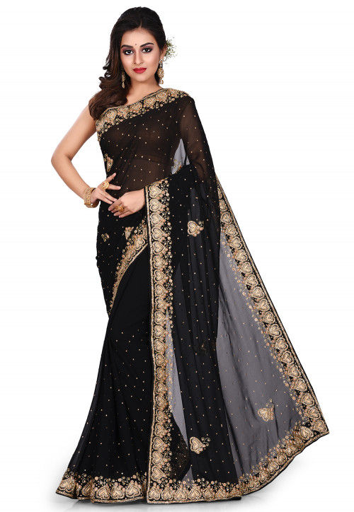 Hand Embroidered Georgette Saree in Black : SEH23