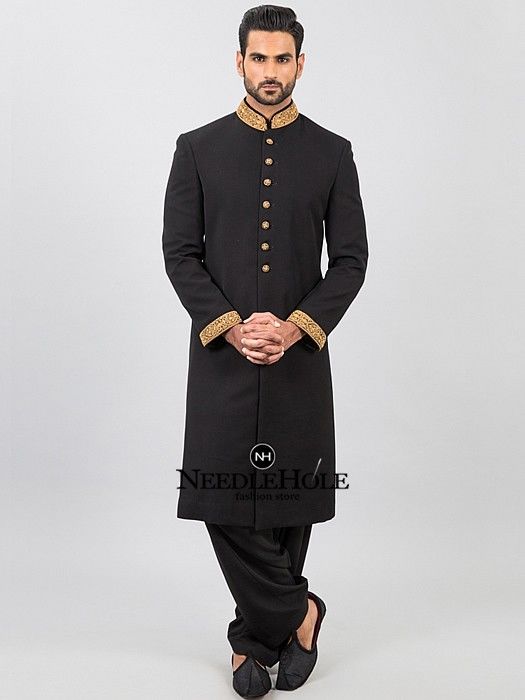 Sherwani Black | Bespoke designer sherwani suit in jet black .