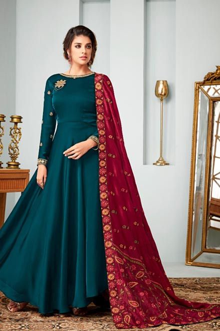 Blue Green color With Red Dupatta designer heavy georgtte satin .