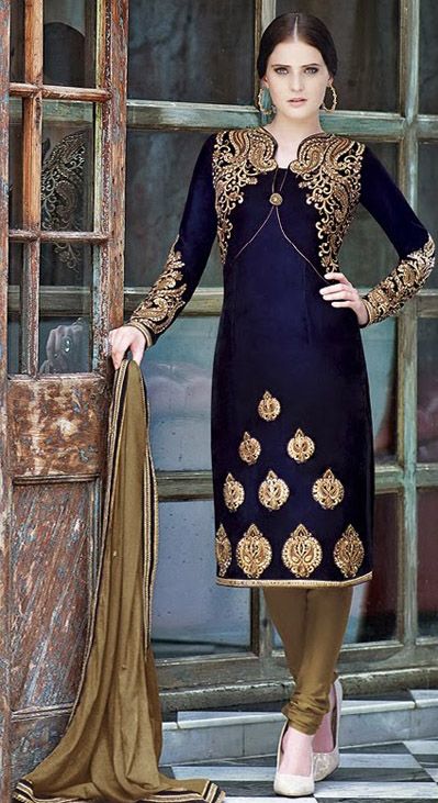 USD 137.67 Blue Embroidery Velvet Designer Salwar Suit 28426 (com .