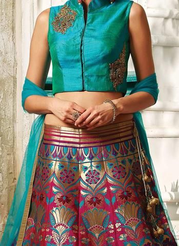 Pink & Blue Banarasi Silk Brocade Lehenga Choli ,Indian Dresses .