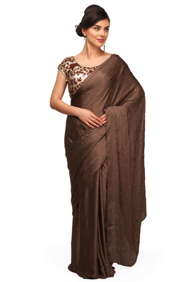Brown plain satin saree With Blouse - PRET A PORTER - 11612