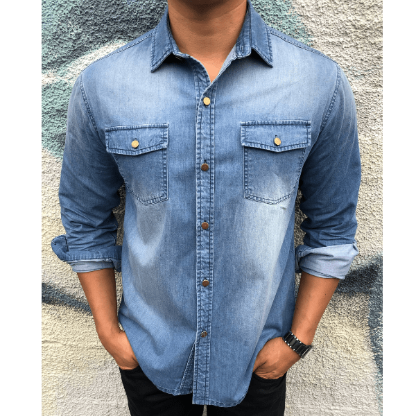 Light Blue Faded Denim Button-Up | Long Sleeve Button-up Shirts .