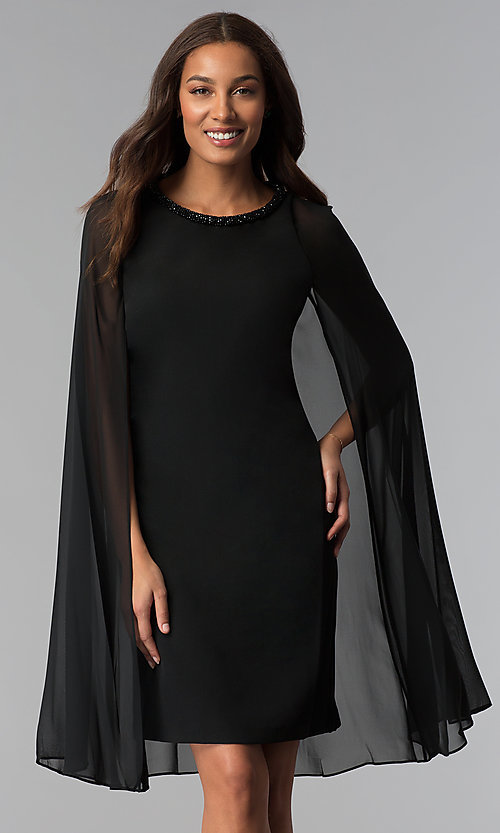 Short Black Wedding-Guest Dress with Cape - PromGi