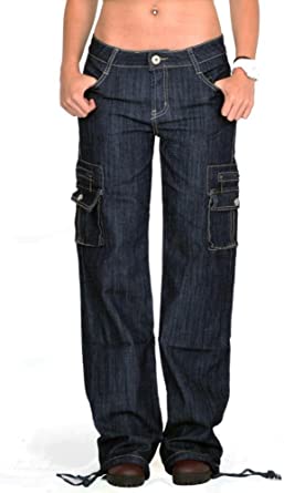 Dark Wash Wide Denim Cargo Jeans - Indigo at Amazon Women's Jeans .