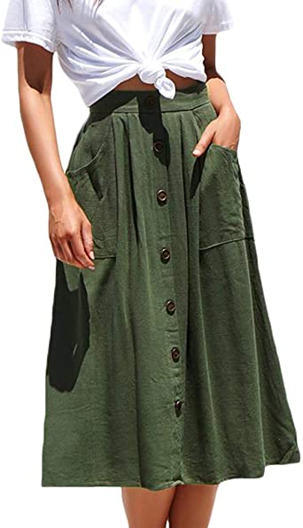 Naggoo Womens Casual Front Button A-Line Skirts High Waisted Midi .