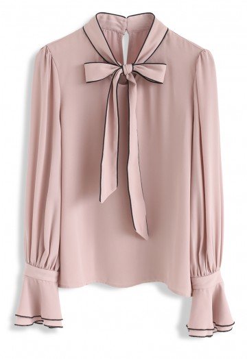 Bowknot Bell Sleeves Chiffon Top in Pink - Retro, Indie and Unique .