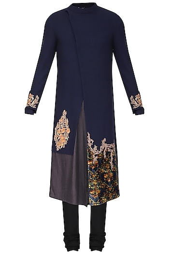 Blue color block embroidered kurta with churidar pants available .