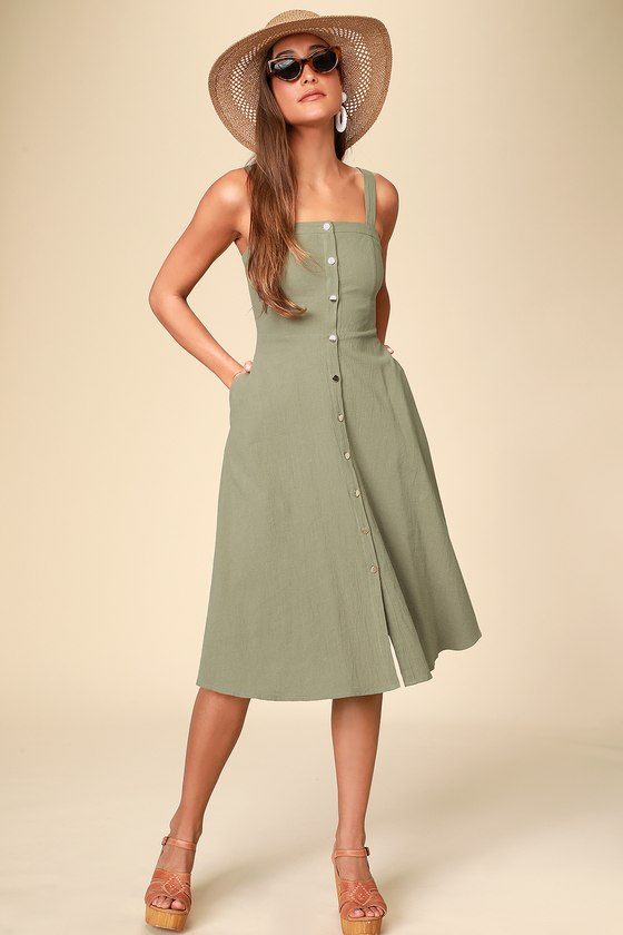 Olive Green Dress - Cotton Midi Dress - Button Front Midi Dre