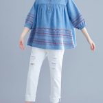 DIY denim blue cotton shirts women stand collar embroidery summer .