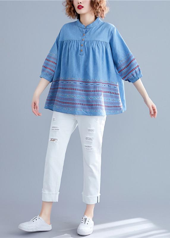 DIY denim blue cotton shirts women stand collar embroidery summer .