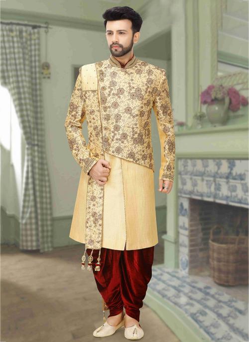 Buy Gold Brocade Wedding Wear Embroidery Work Dhoti Sherwani .