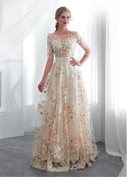 Lace Bateau 3/4 Sleeves Color Floral A-line Wedding Dress With Be