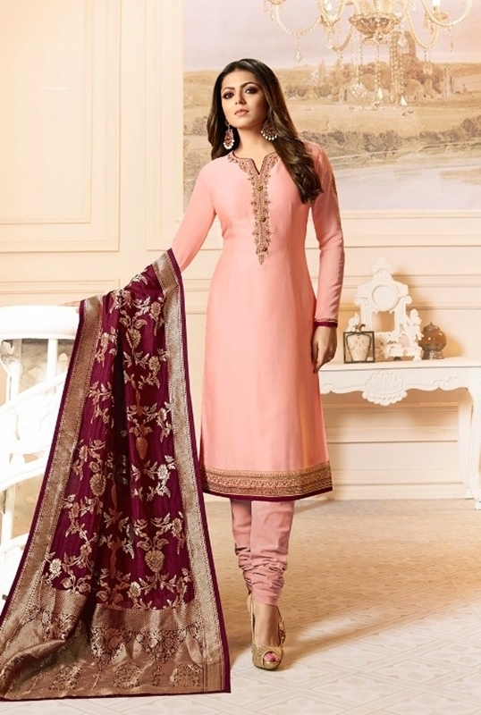 We Make Shopping Easy Designer Peach Satin Georgette Embroidered .