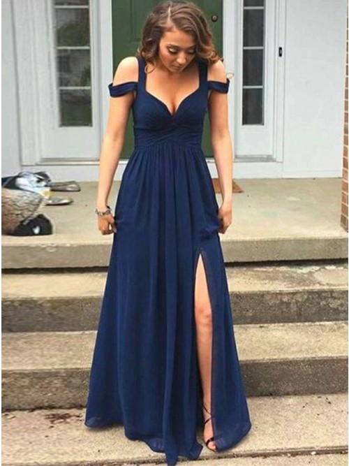 A-Line Straps Floor-Length Navy Blue Chiffon Prom Dress , for .