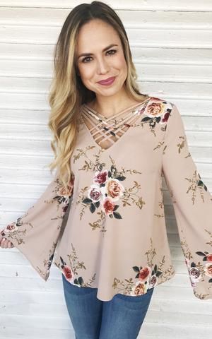 Mary-Taupe floral bell sleeve dressy top. (With images) | Dressy .