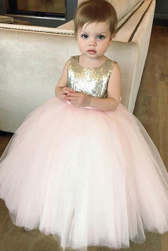Cute Gold Sequins and Pink Tulle Flower Girl Dress with B