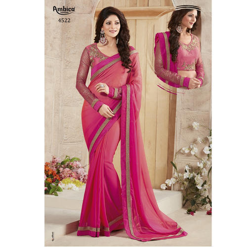 Silk Georgette Women Traditional Light Magenta Saree with Blouse .