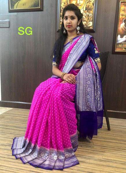 Handloom Khaddi Pink Blue Banarasi Georgette Sarees – FashionVib