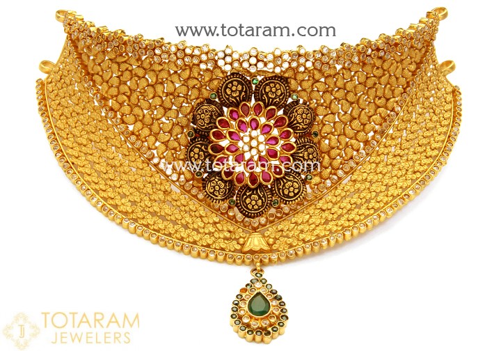 22K Gold Antique Choker Necklace with Fancy Stones - 235-GN1794 in .