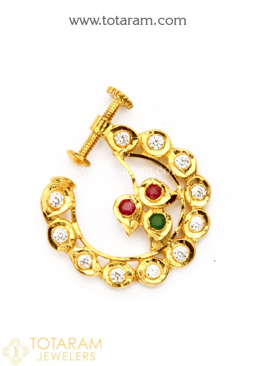 22K Gold Nath - Nose Ring with Cz & Color Stones - 1-GNP018 in .