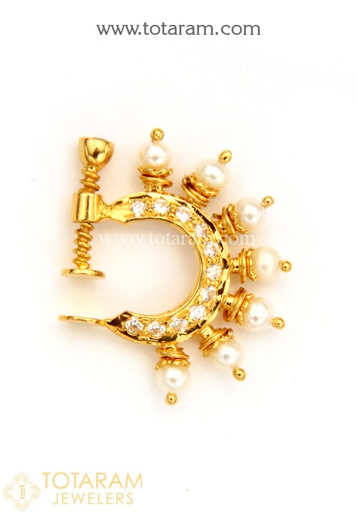 22K Gold Nath - Nose Ring with Cz , Ruby & Pearls - 235-GNP003 in .