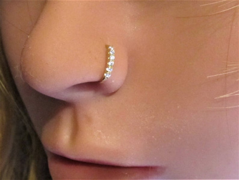 Diamonds,14k Yellow Gold Multistone Nose Ring Hoop Stud..20g..7mm .
