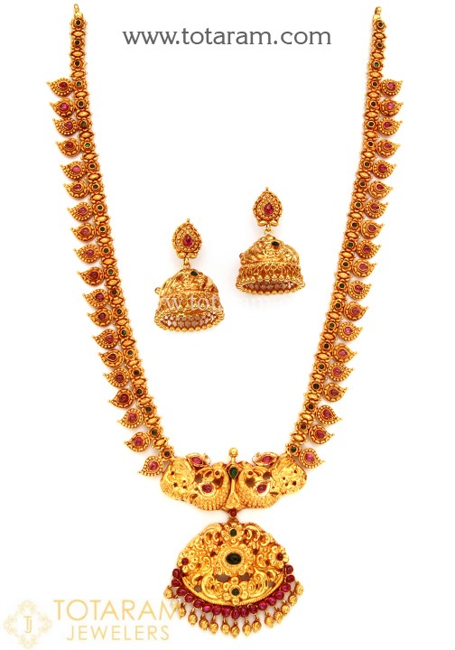 22K Gold 'Peacock' Long Necklace & Earrings Set (Temple jewellery .