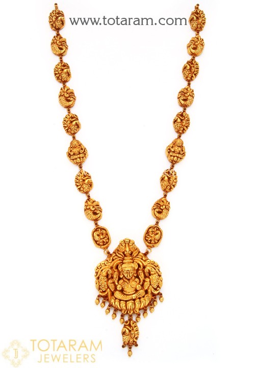22K Gold 'Lakshmi' Long Necklace with Beads (Temple Jewellery .