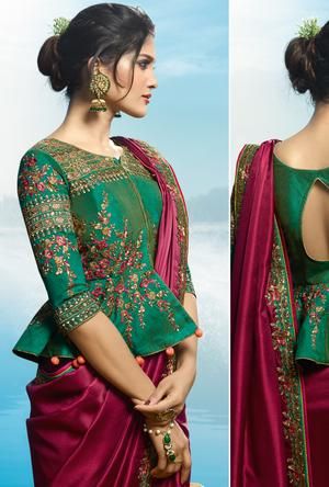 Maroon and Green Saree | Long blouse designs, Saree blouse designs .
