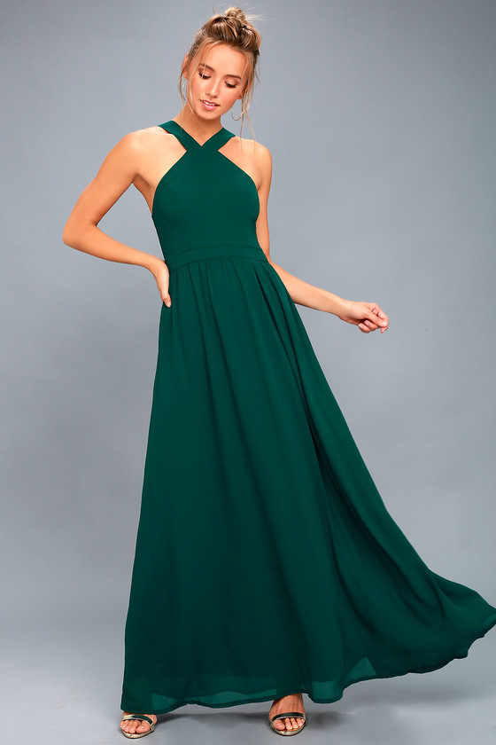 Beautiful Forest Green Dress - Maxi Dress - Halter Dre