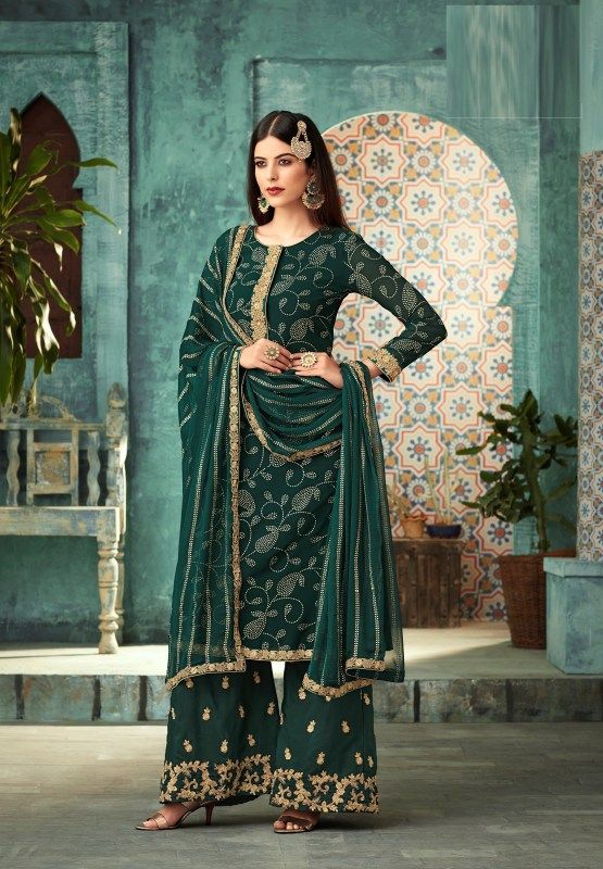 Dark Green Foil Print Plazo Salwar Suit With Chiffon Dupatta (With .