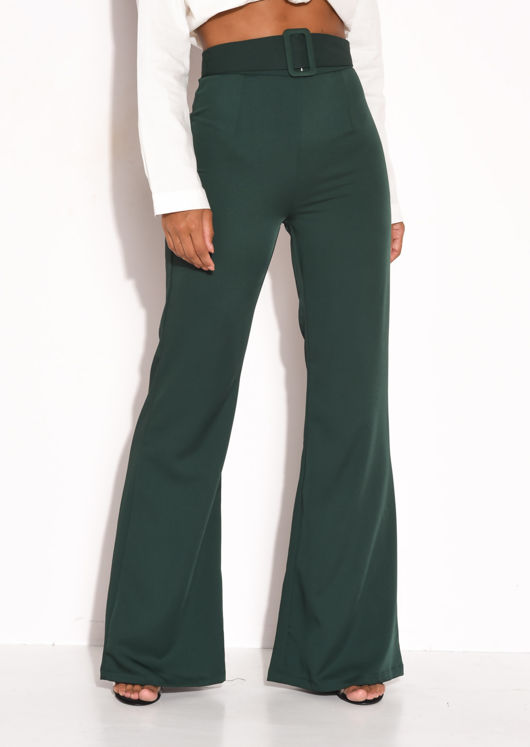 Belted Satin High Waisted Flared Trousers Green | Lily Lu