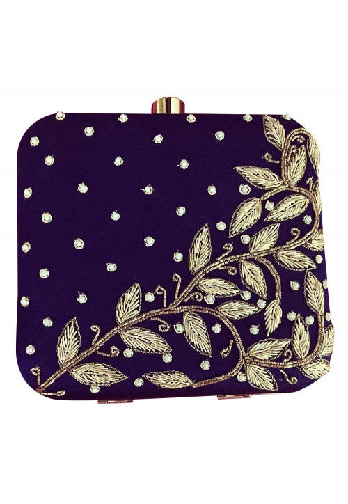 Hand Embroidered Art Silk Box Clutch Bag in Purple : DVN3