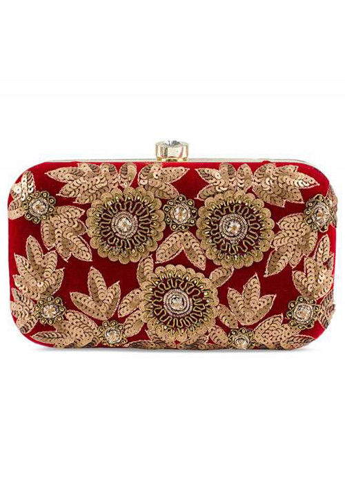 Hand Embroidered Synthetic Box Clutch Bag in Red : DVN1