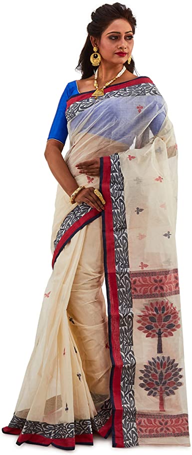 Amazon.com: SareesofBengal Women's Bengal Tant Saree Cream Tangail .