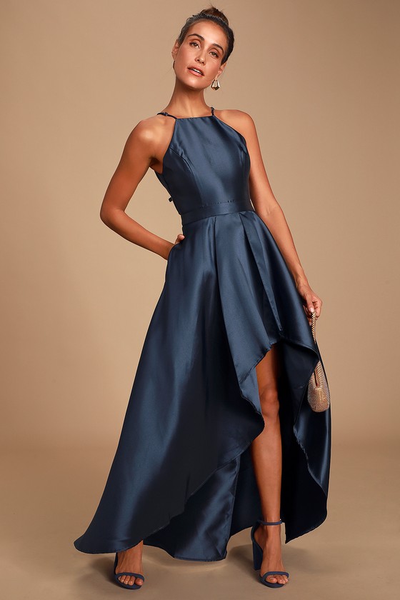 Lovely Navy Blue Dress - High-Low Dress - Satin Go