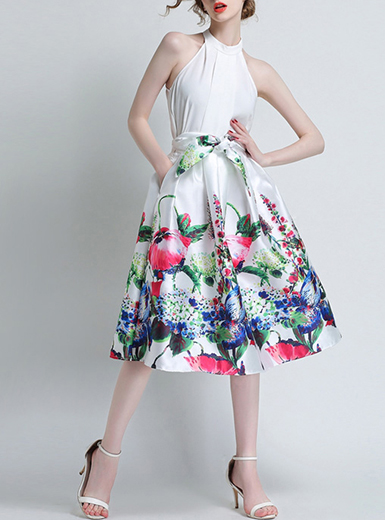 Women's Full Skirt - High Waisted / Floral Print over White / Self .