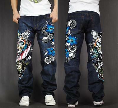 Fashion Men's Hip Hop Jeans Skate Baggy Loose Rap Denim Print .
